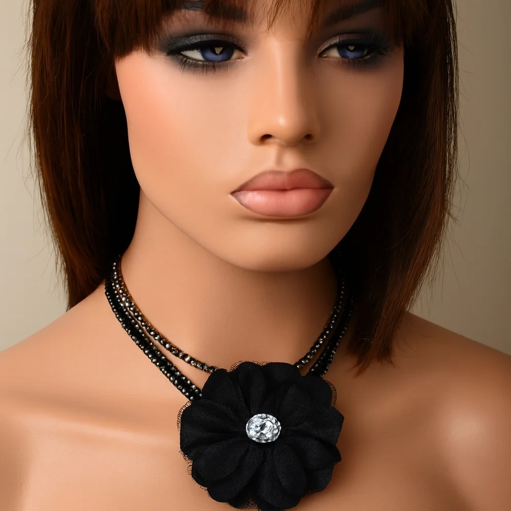 Polished Layered of Black Metal Crystal & Black Flower Design Brooch Necklace
